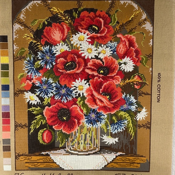 Needlepoint Canvas Hand Printed Austria Cotton Vase With Poppies Red 15" x 19" - Picture 2 of 4